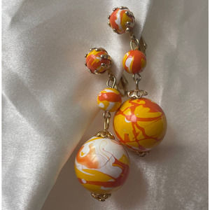 Vintage Gold Marbled Orange, Yellow & White Dangle Earrings